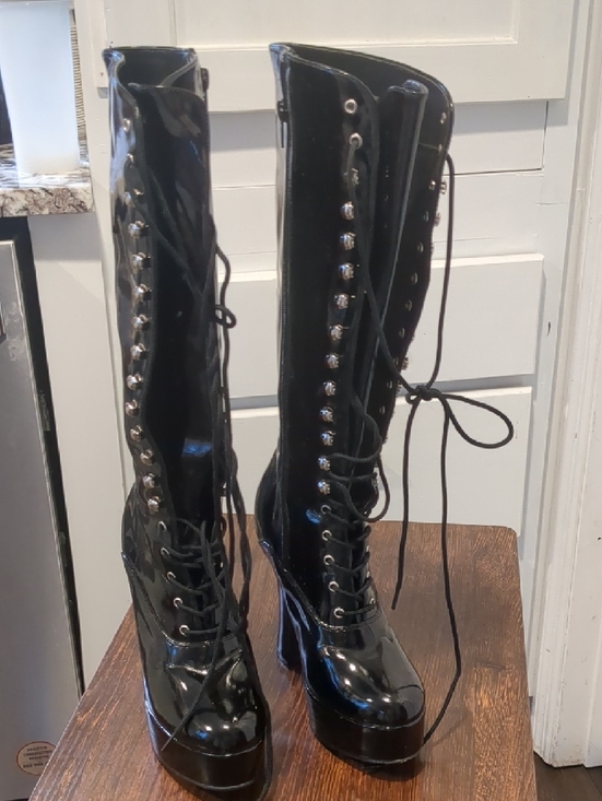 Glossy Black Lace-Up Platform Boots - Picture 3 of 13